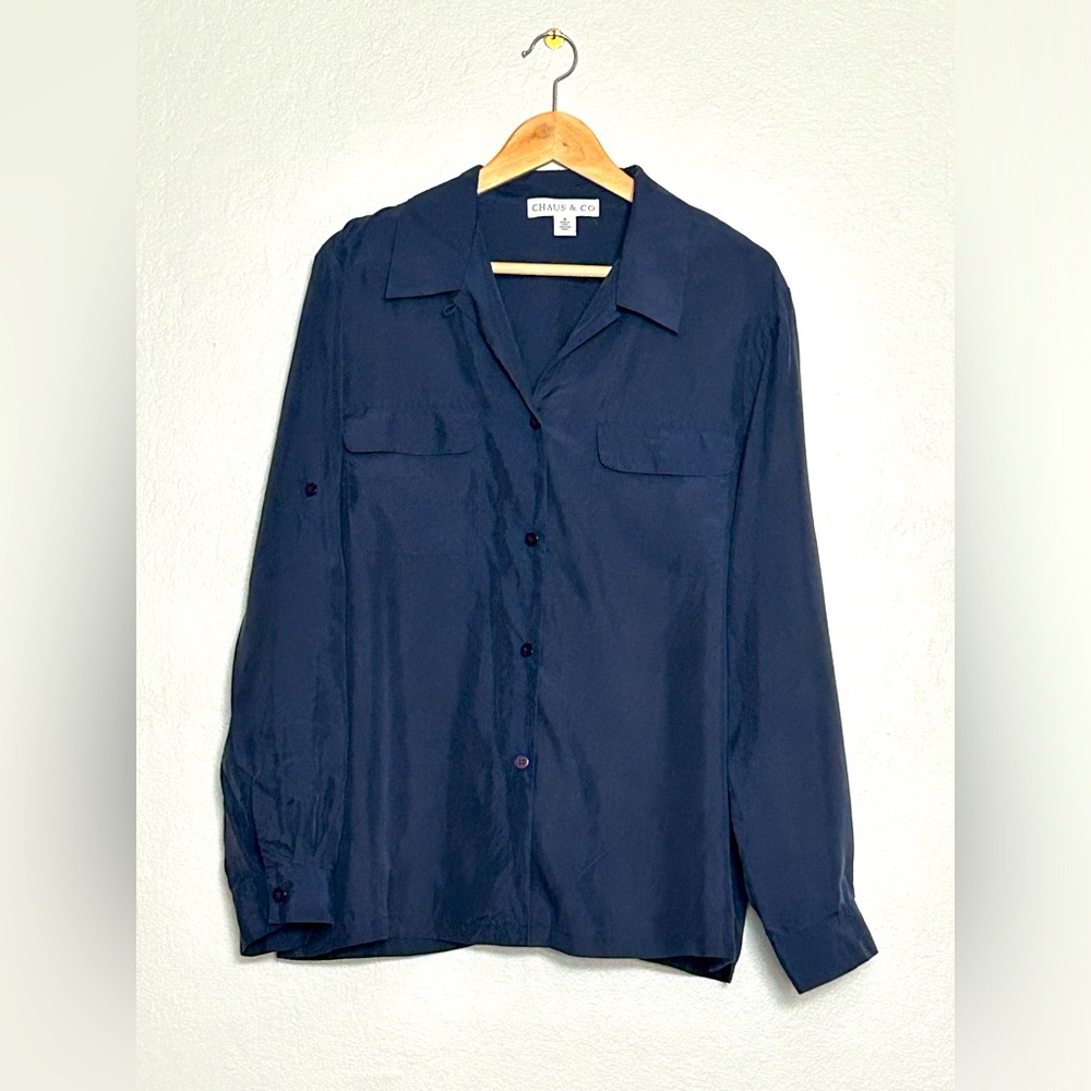 Chaus & Co. Nordstrom Navy Silk Button Down Blouse